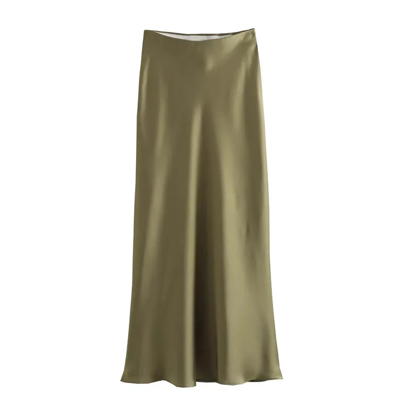 💼 Elegant Satin Midi Skirt for Women 👠 – 2024 High Waist Summer Office & Casual Style | تنورة ساتان نسائية أنيقة – خصر عالي، بطول ميدي لصيف 2024 والمناسبات الرسمية