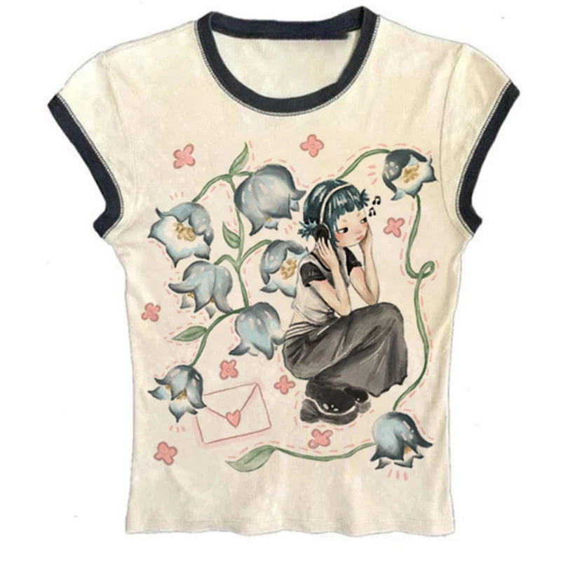 💥 Y2K Korean Emo Aesthetic Crop Tee 👚 – Vintage Harajuku Graphic Print Streetwear T-Shirt for Women | تيشيرت نسائي قصير بطبعة جرافيك – تصميم هاراجوكو كوري أنيق بأسلوب Y2K وجوثي