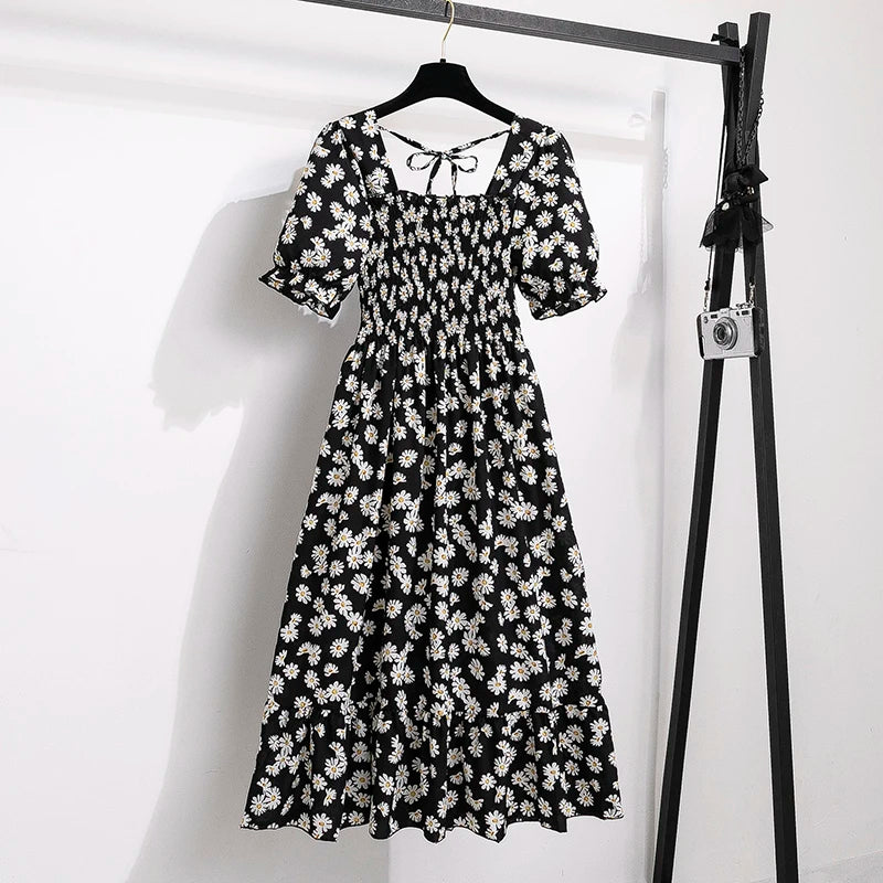 🌸 Spring/Summer Pleated Chiffon Dress for Women 👗 – Elastic Waist Casual Short Sleeve A-Line Dress | فستان شيفون نسائي مزموم – خصر مرن، أكمام قصيرة، وقصة A كلاسيكية لصيف وربيع مريح وأنيق