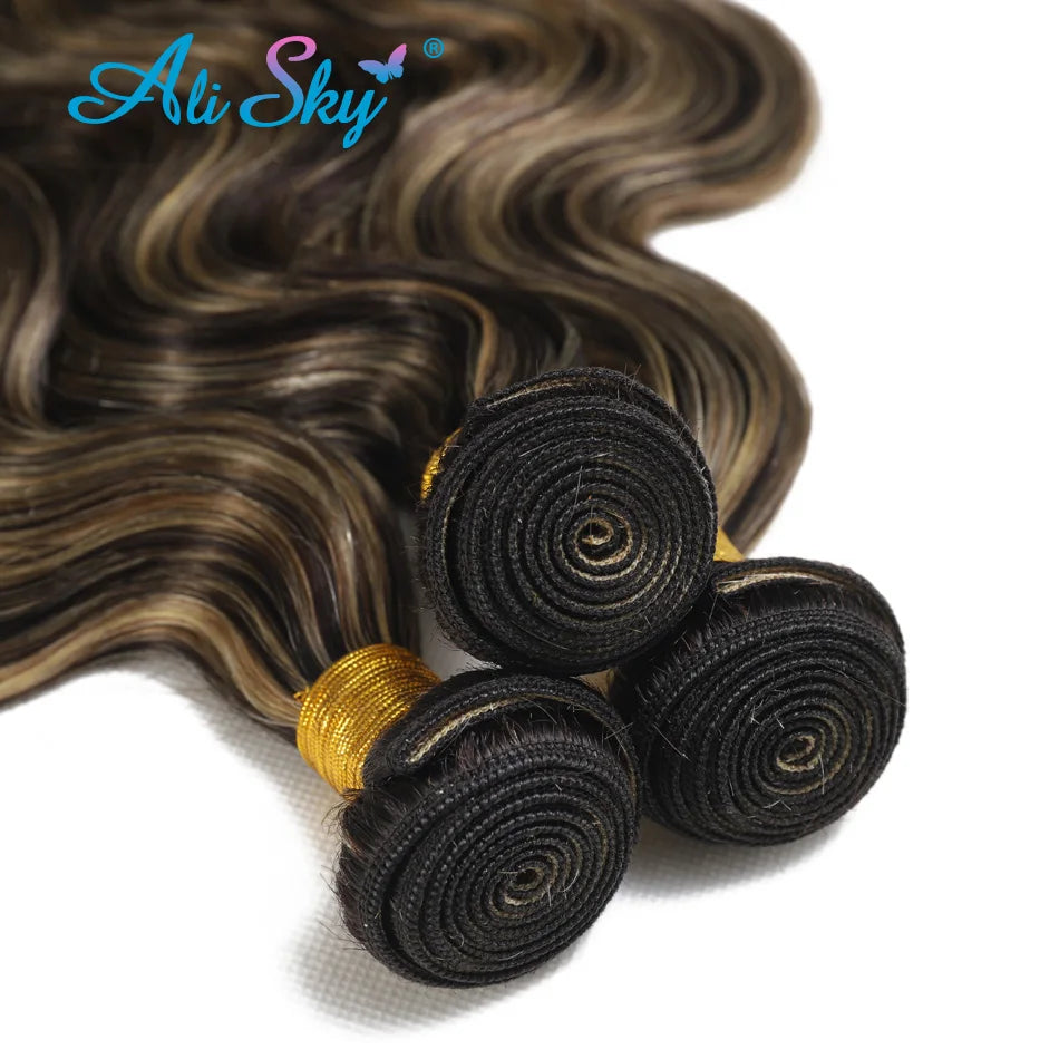 1B/27 Mixed Color Body Wave Remy Hair Bundles – 100% Human Hair Weave Extensions | خصلات شعر مموجة طبيعية بلون مدمج 1B/27 – إكستنشن ريمي من شعر بشري ناعم وكثيف