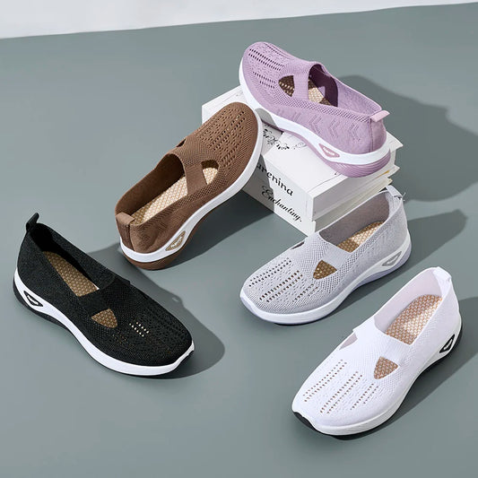 Women’s Mesh Knit Slip-On Sneakers – Lightweight, Breathable, Anti-Slip Flat Shoes | سنيكرز نسائي شبكي بنعل مسطح – خفيف، قابل للتهوية، مضاد للانزلاق وسهل الارتداء