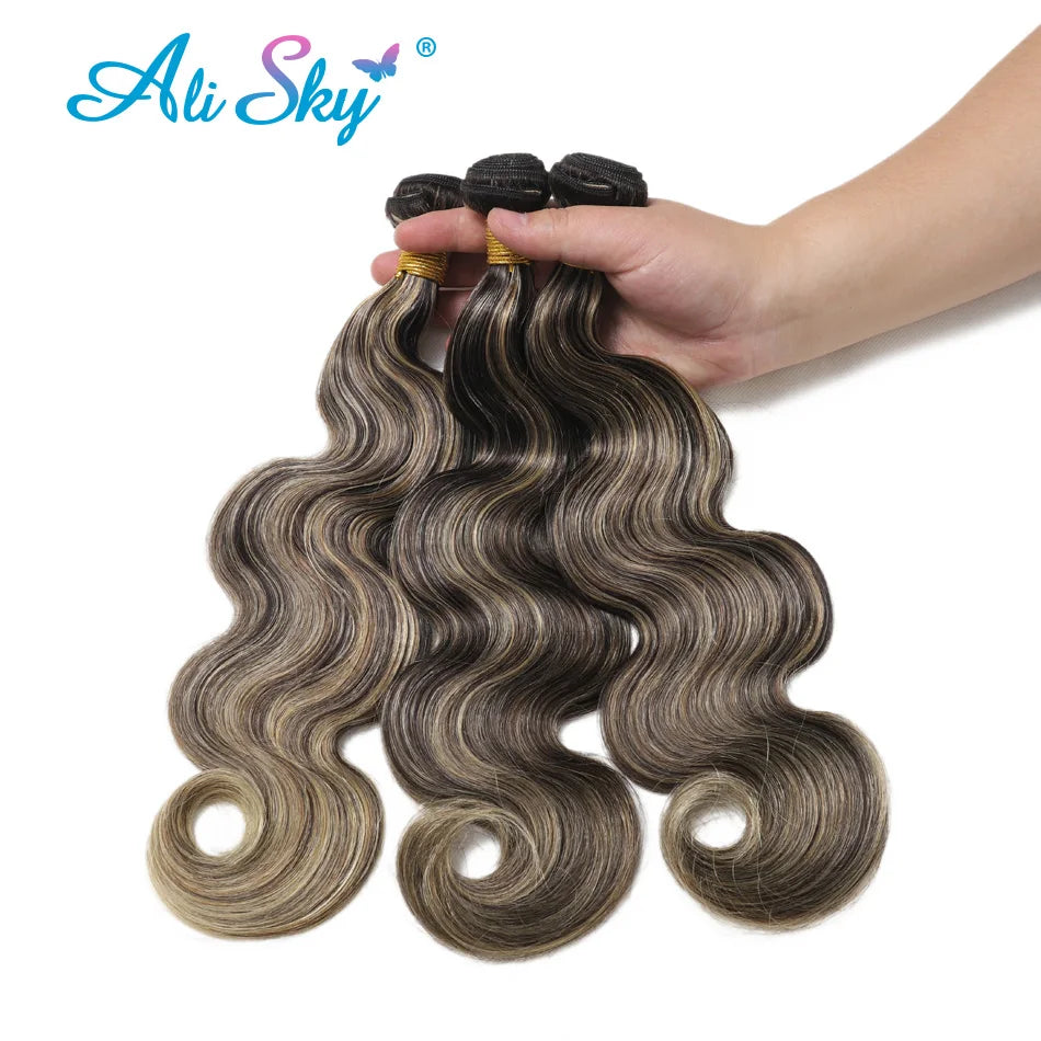 1B/27 Mixed Color Body Wave Remy Hair Bundles – 100% Human Hair Weave Extensions | خصلات شعر مموجة طبيعية بلون مدمج 1B/27 – إكستنشن ريمي من شعر بشري ناعم وكثيف