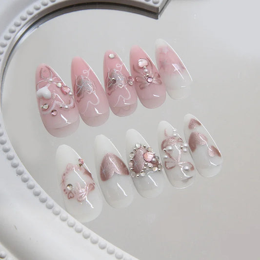 24pcs Sweet Detachable False Nails with Bowknots & Pearls – أظافر صناعية فاخرة قابلة للفك مزينة بفيونكات ولؤلؤ