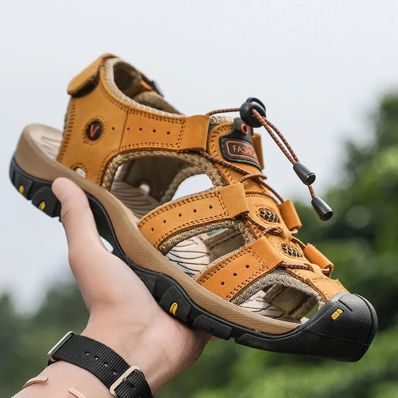 Men’s Summer Leather Sandals – Breathable Outdoor Roman-Style Casual Shoes for Beach & Daily Wear | صنادل رجالية صيفية من الجلد – بتصميم روماني أنيق ومريح للبحر والمشاوير اليومية