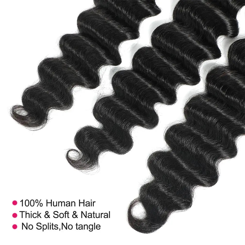 Loose Deep Wave Human Hair Bundles – 3 Unprocessed Natural Black Bundles (22", 24", 26") | خصلات شعر طبيعي مموج Loose Deep – 3 حزم من الشعر غير المعالج بطول 22، 24، 26 بوصة، باللون الأسود الطبيعي