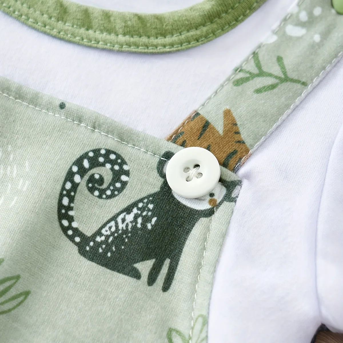 🦁 Infant Zoo Animal Print Romper – Faux 2-Piece Short Sleeve Baby Bodysuit | بادي سوت أطفال رضّع بطبعة حيوانات – قطعة واحدة بأكمام قصيرة بتصميم يشبه الطقم الثنائي