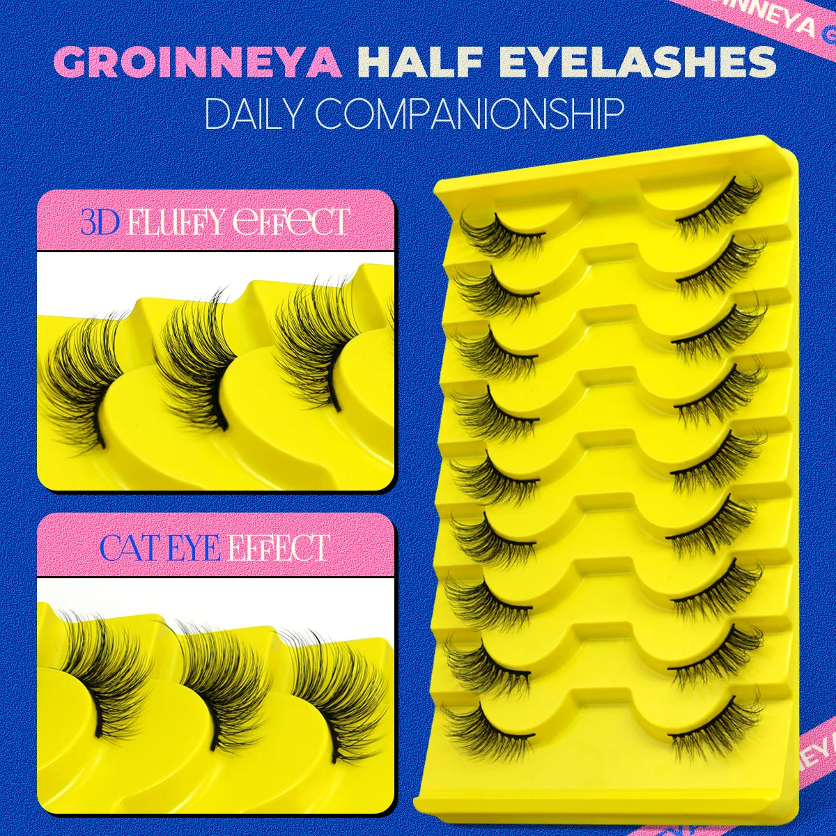 رموش نصفية ناعمة بتأثير عيون القطة - GROINNEYA Soft Half Cat Eye False Eyelashes (5/7/10 Pairs)