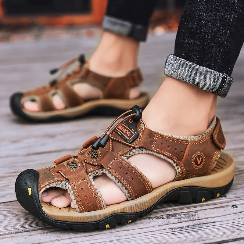 Men’s Summer Leather Sandals – Breathable Outdoor Roman-Style Casual Shoes for Beach & Daily Wear | صنادل رجالية صيفية من الجلد – بتصميم روماني أنيق ومريح للبحر والمشاوير اليومية