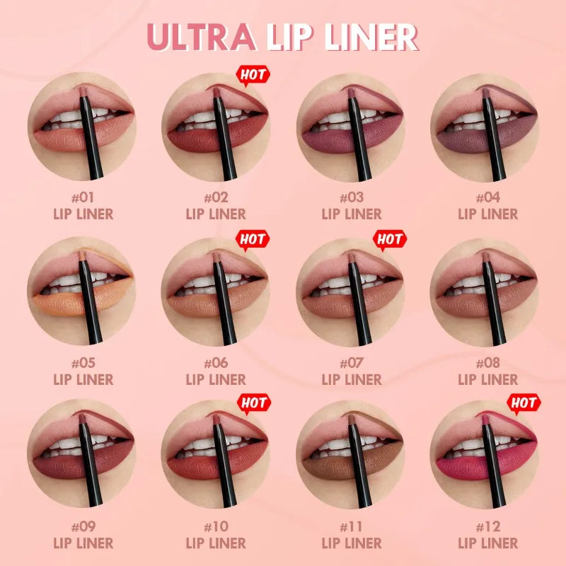 Waterproof Matte Lipliner Pencil – Long-Lasting 12-Color Lip Contour & Tint Stick | قلم تحديد شفاه مطفي مقاوم للماء – 12 لونًا لتحديد وتلوين الشفاه بثبات عالي