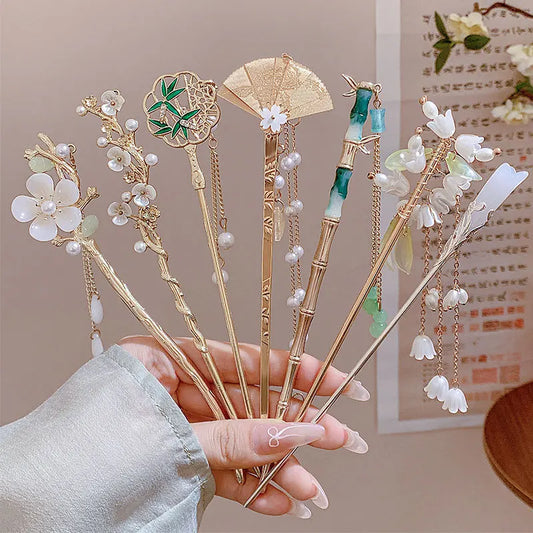 ✨ Elegant Chinese Style Flower Tassel Hairpin – Romantic Alloy Hair Accessory 🔷 دبوس شعر أنيق بطراز صيني تقليدي – مزين بزهور ومعلقات رومانسية من المعدن