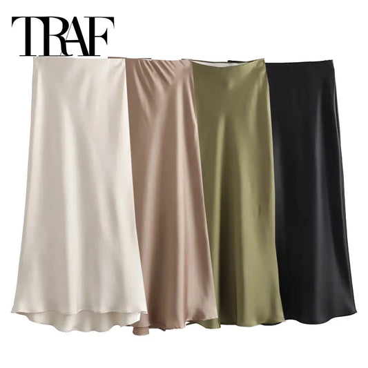💼 Elegant Satin Midi Skirt for Women 👠 – 2024 High Waist Summer Office & Casual Style | تنورة ساتان نسائية أنيقة – خصر عالي، بطول ميدي لصيف 2024 والمناسبات الرسمية
