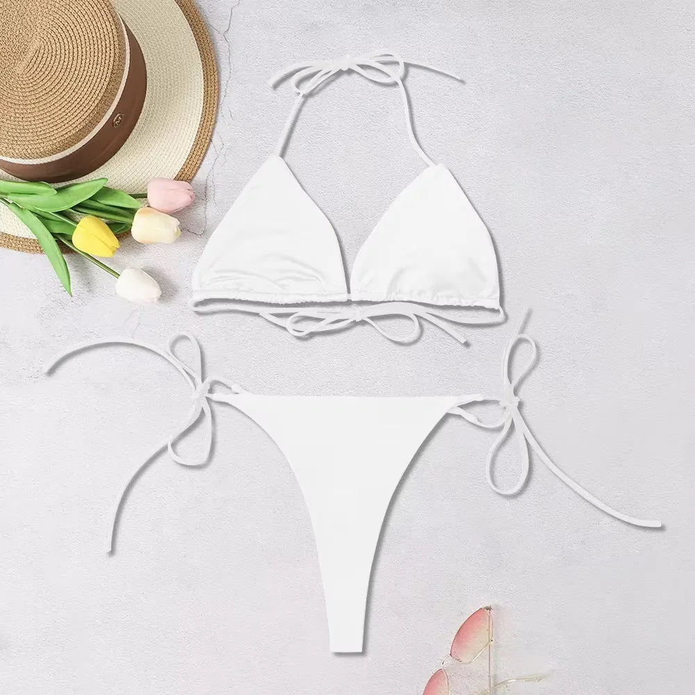 👙 2025 Sexy Lace-Up Halter Bikini Set | بكيني نسائي ثلاثي القطع بصيف 2025 – تصميم هالتر جريء بربطات قابلة للتعديل