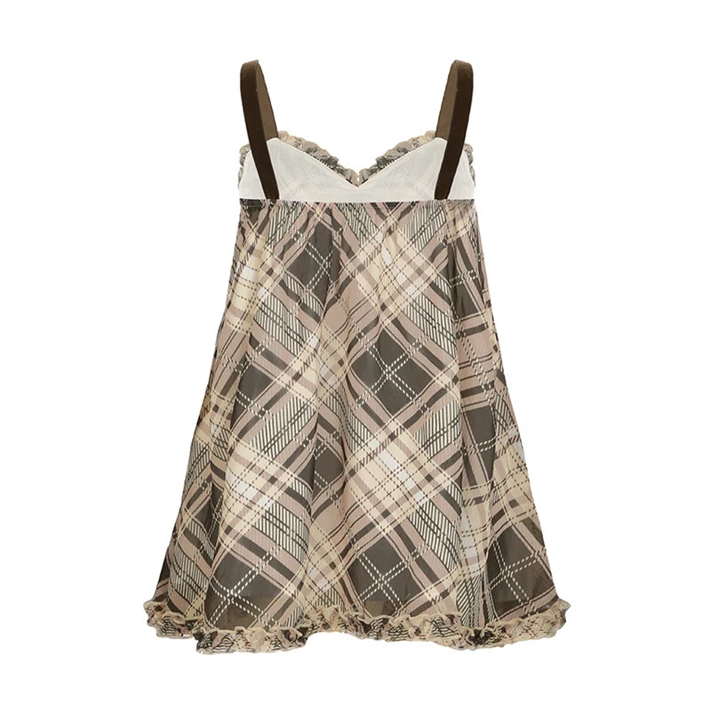 🎀 Sweet Plaid Bow Camisole Dress – Retro Homewear Chic | فستان نسائي منزلي ناعم بربطة فيونكة ونقشة كارو – تصميم كلاسيكي أنثوي مريح وأنيق