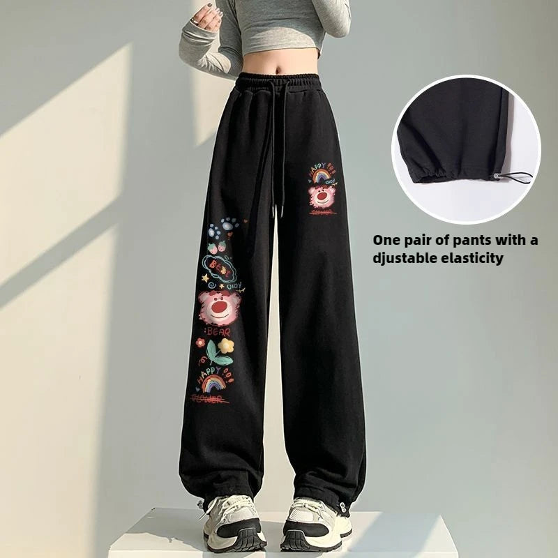 Disney Lotso Women’s Wide-Leg Pants – Cute Cartoon Straight Trousers for Fall/Winter Casual & Streetwear | بنطال نسائي واسع الساق من ديزني بشخصية Lotso – تصميم كرتوني لطيف للخريف والشتاء بأسلوب كاجوال وعصري