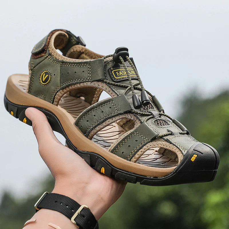 Men’s Summer Leather Sandals – Breathable Outdoor Roman-Style Casual Shoes for Beach & Daily Wear | صنادل رجالية صيفية من الجلد – بتصميم روماني أنيق ومريح للبحر والمشاوير اليومية