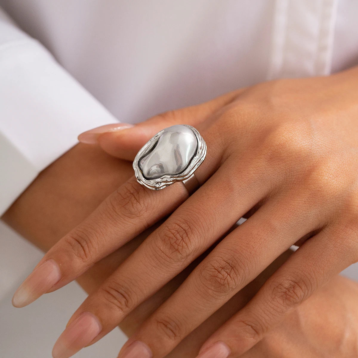 ✨ PuRui Semi-Baroque Pearl Adjustable Ring – Punk Aesthetic Wedding Jewelry 🔷 خاتم بيرل ستايل بانك بحبة لؤلؤ شبه باروكية – تصميم مفتوح قابل للتعديل للزفاف والمناسبات