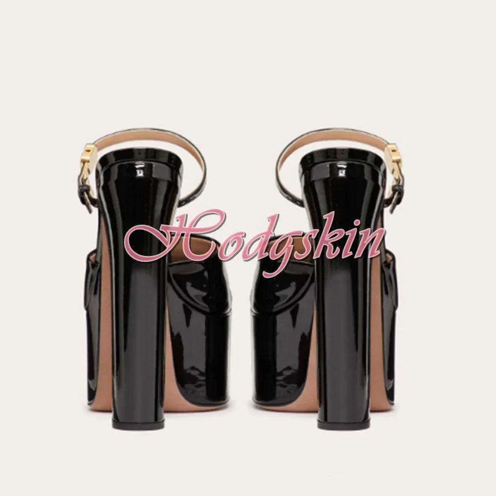 Women’s Shiny Leather Platform Sandals – Chunky High Heel Open-Toe Dress Shoes with Buckle Straps | صندل نسائي لامع بكعب عالي ومنصة سميكة – مقدمة مفتوحة مع أحزمة وإبزيم لإطلالة أنيقة وفاخرة