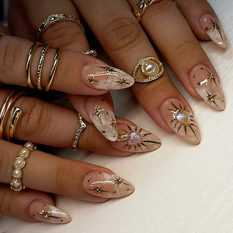 24 قطعة أظافر صناعية بشكل لوزي مع لاصق وديكور فضي – 24Pcs Almond Shape Fake Nails with Glue & Silver Bow Design