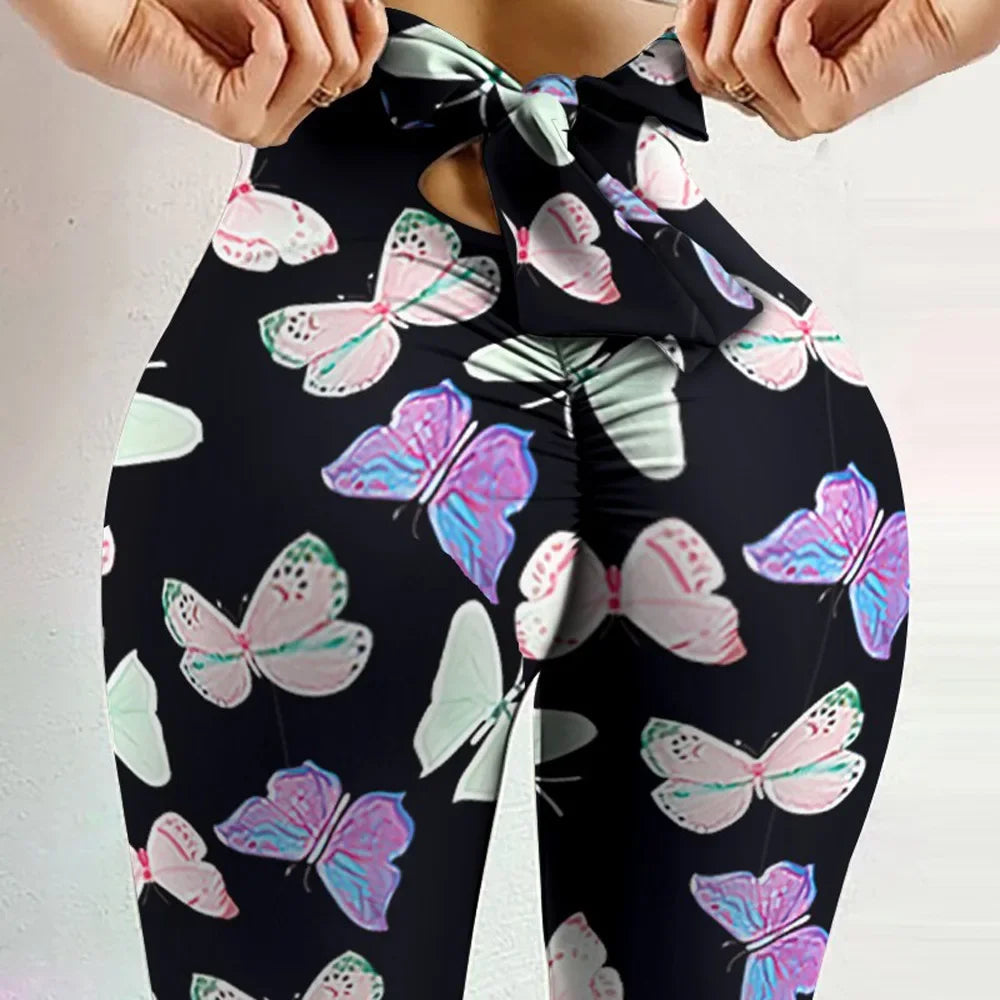 🔥 High-Waist Butterfly Print Yoga Leggings 🧘‍♀️ – Bowknot Bandage Tights for Women, Butt-Lifting Fitness Pants | ليقنز نسائي عالي الخصر بطبعة فراشة – شريط فيونكة، مشد رفع المؤخرة لليوغا والتمارين
