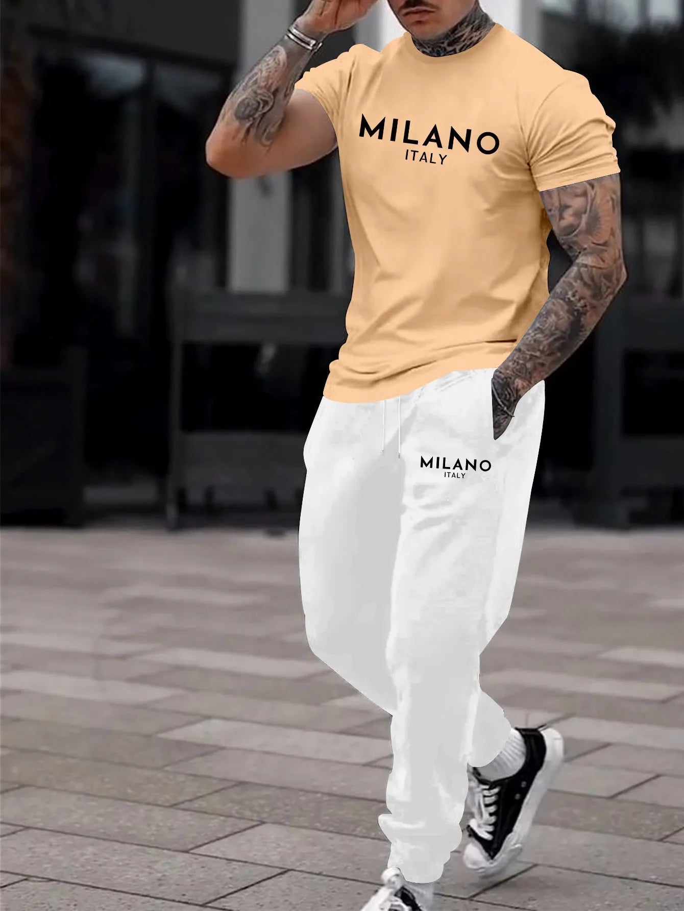 Fashionable Block Summer Men's Letter Printed Comfortable Breathable Round Neck T-shirt Pants Set Outdoor High Street Clothing