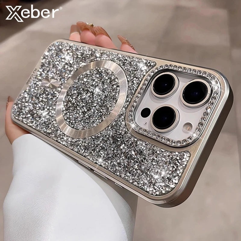 Luxury Bling MagSafe Case with Rhinestone Diamonds for iPhone 17 16 15 14 Pro Max Luxury Back Cover