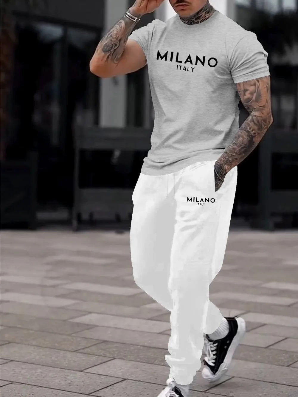 Fashionable Block Summer Men's Letter Printed Comfortable Breathable Round Neck T-shirt Pants Set Outdoor High Street Clothing