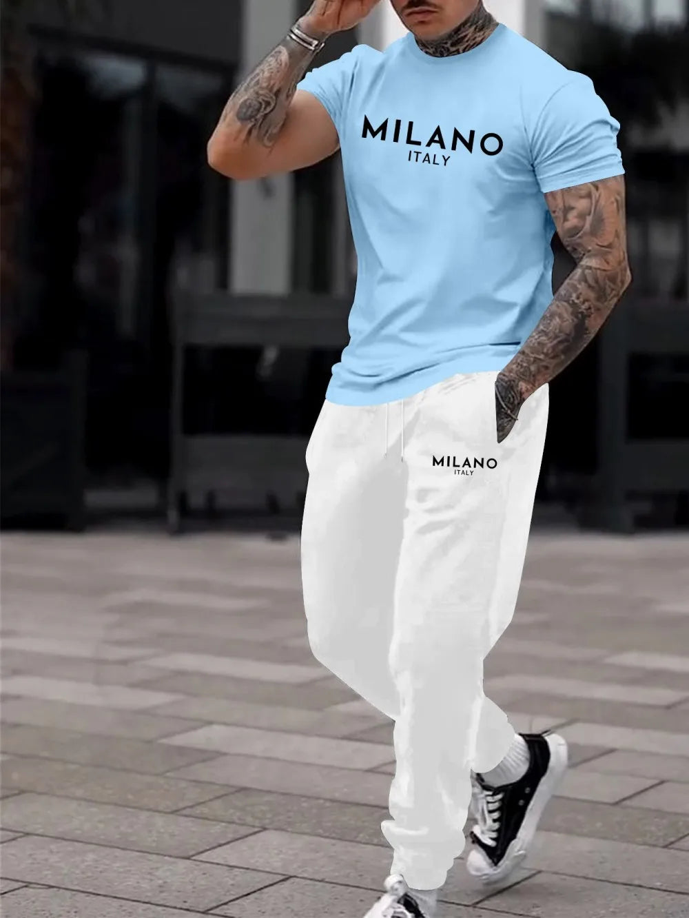 Fashionable Block Summer Men's Letter Printed Comfortable Breathable Round Neck T-shirt Pants Set Outdoor High Street Clothing