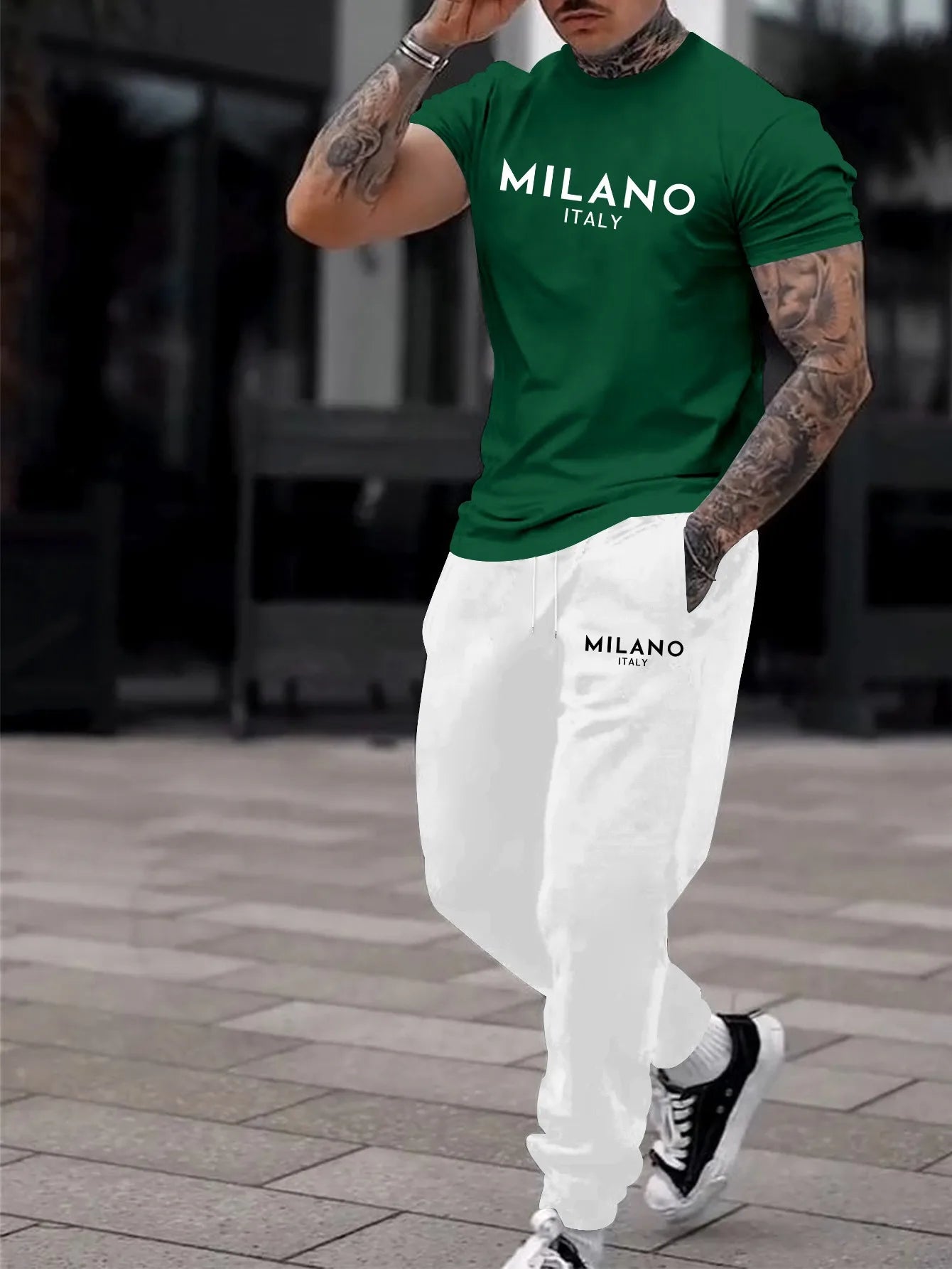 Fashionable Block Summer Men's Letter Printed Comfortable Breathable Round Neck T-shirt Pants Set Outdoor High Street Clothing