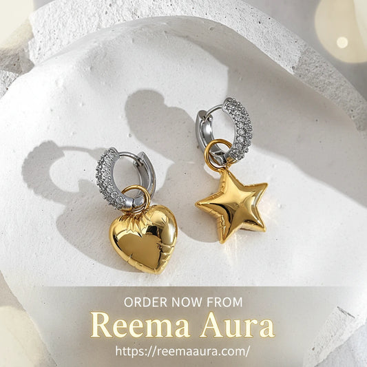 Flashbuy Trend Micro Inlaid Zircon Heart Pentagram Asymmetric Earrings For Women Charm Hoop Gold Color Earrings Jewelry