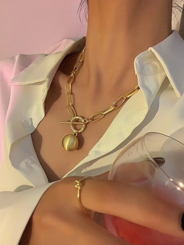 Flashbuy Trendy Gold Color Chain Necklace for Women Statement Alloy Metal Big Ball Pendant Necklace Jewelry