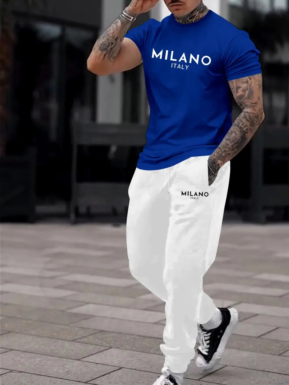 Fashionable Block Summer Men's Letter Printed Comfortable Breathable Round Neck T-shirt Pants Set Outdoor High Street Clothing