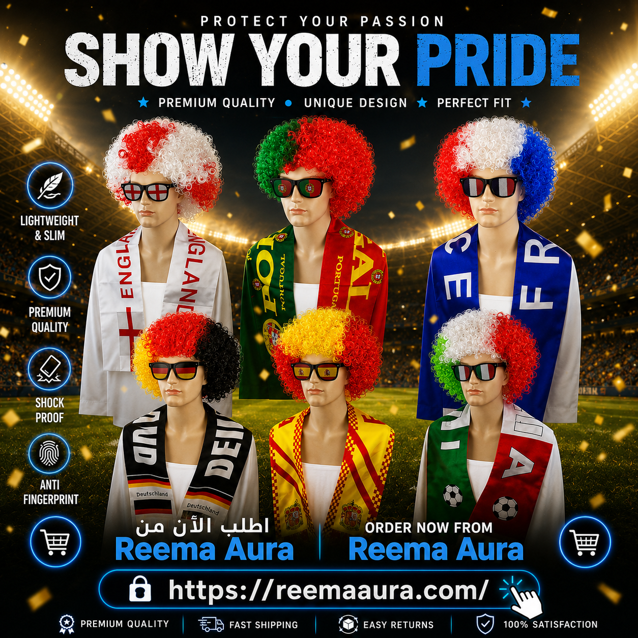National Flag Color Explosion Wig Set - طقم باروكة مشجعين بألوان الأعلام مع وشاح ونظارات