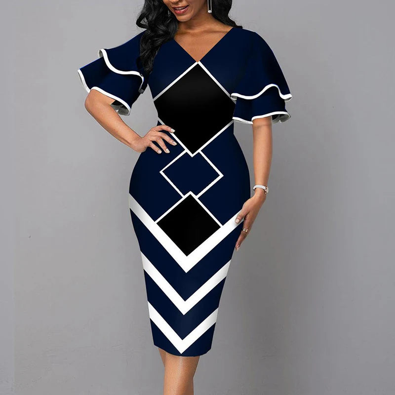V-Neck Patchwork Slim Midi Dress – Office & Party