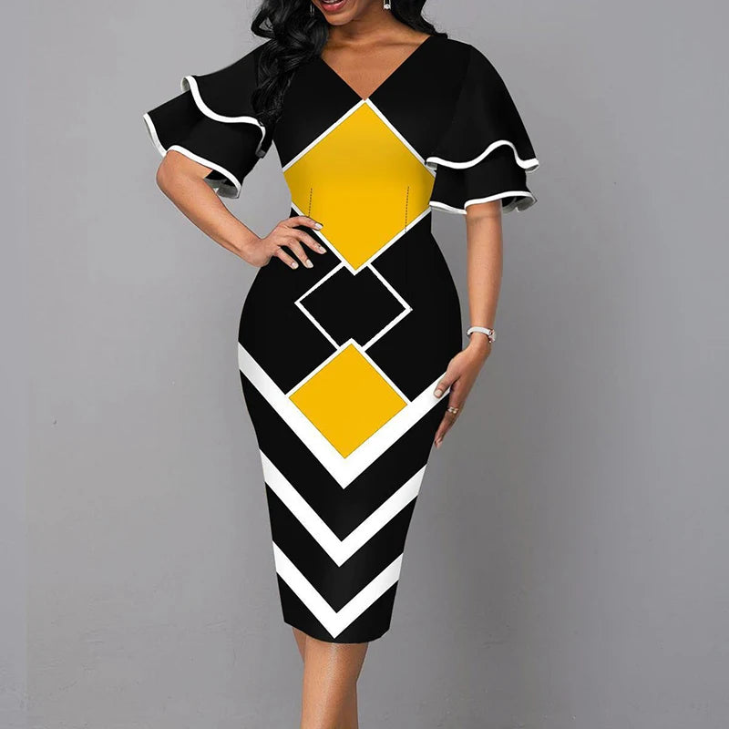 V-Neck Patchwork Slim Midi Dress – Office & Party