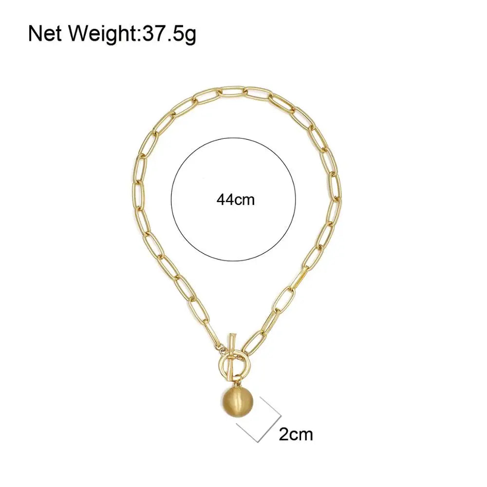 Flashbuy Trendy Gold Color Chain Necklace for Women Statement Alloy Metal Big Ball Pendant Necklace Jewelry