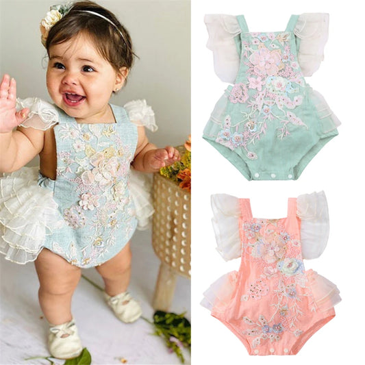 Princess Infant Baby Girls Lace embroidered Romper Sweet Baby Ruffle Fly Sleeve  0-24M