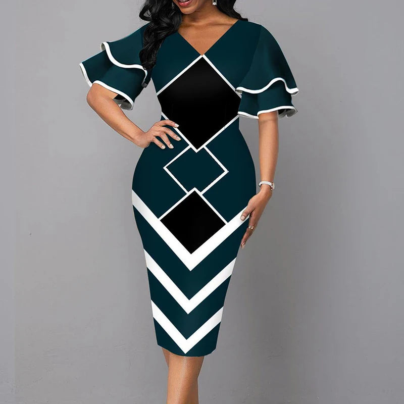 V-Neck Patchwork Slim Midi Dress – Office & Party