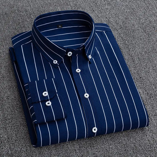 Mens Dress Shirts Striped Long Sleeve Plaid Checked Shirt Smart Casual Business Non-Ironing Korean Slim Fit Formal Blue White