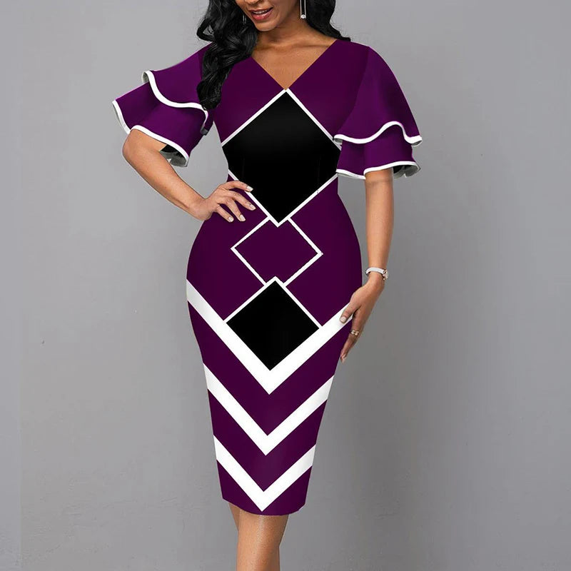V-Neck Patchwork Slim Midi Dress – Office & Party