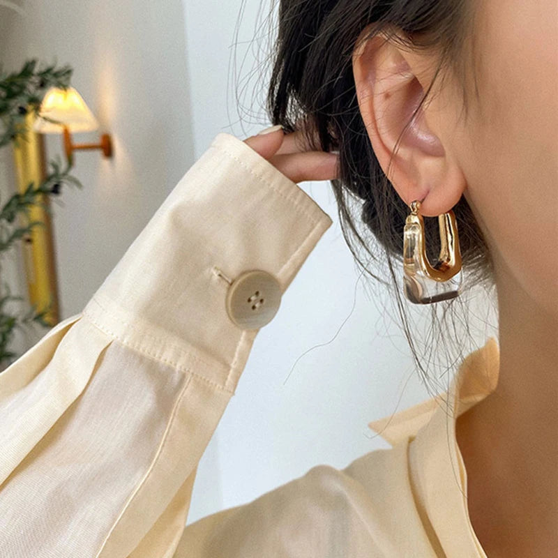Flashbuy New Trendy Transparent Resin Hoop Earrings for Women Girls Geometric Irregular Metal Acrylic Earrings Party Jewelry