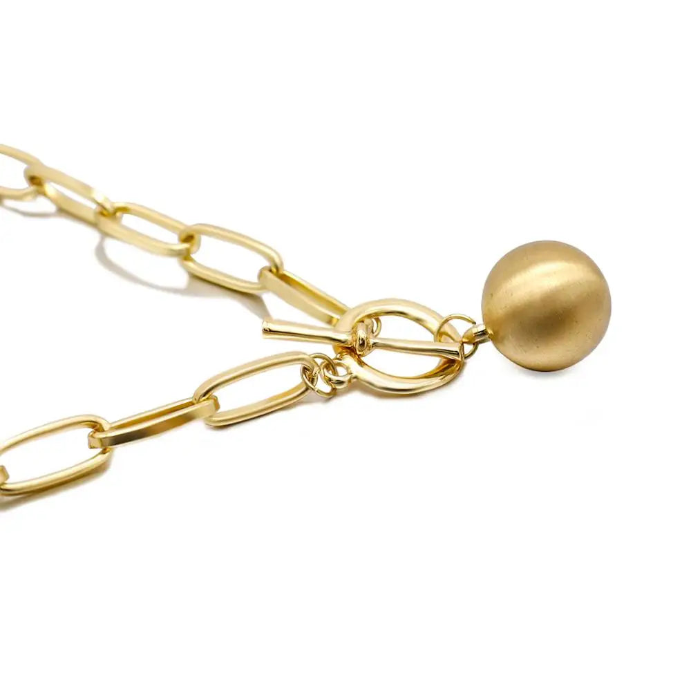 Flashbuy Trendy Gold Color Chain Necklace for Women Statement Alloy Metal Big Ball Pendant Necklace Jewelry
