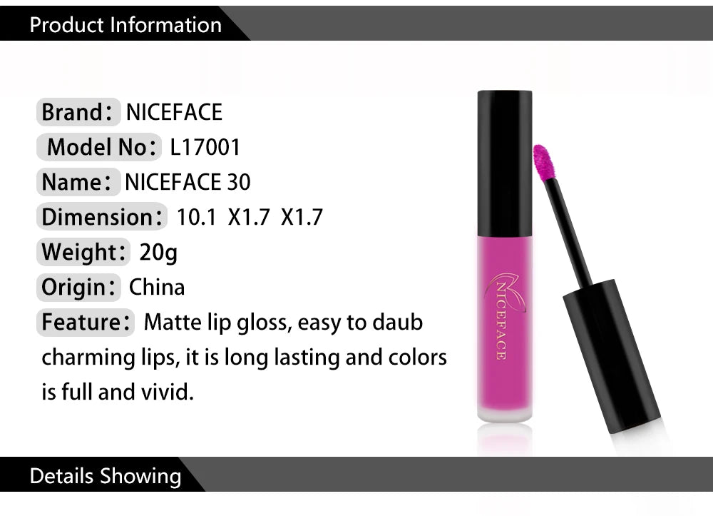 NICEFACE Waterproof Lip Gloss Nude Matte Liquid Lipstick Long Lasting Lipgloss Lip Glace Black Lipstick Purple Sexy Red Lip Tint