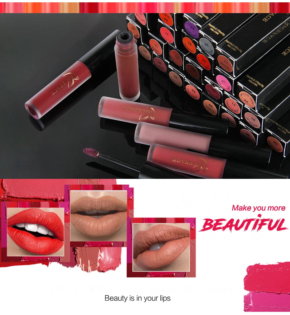 NICEFACE Waterproof Lip Gloss Nude Matte Liquid Lipstick Long Lasting Lipgloss Lip Glace Black Lipstick Purple Sexy Red Lip Tint