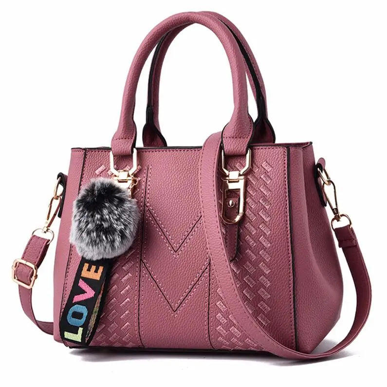 👜 Embroidery Messenger Bags Women Leather Handbags - حقيبة كتف نسائية مطرزة جلدية مع كُرة زينة أنيقة