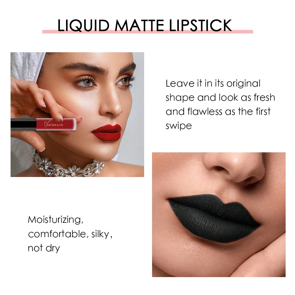 NICEFACE Waterproof Lip Gloss Nude Matte Liquid Lipstick Long Lasting Lipgloss Lip Glace Black Lipstick Purple Sexy Red Lip Tint