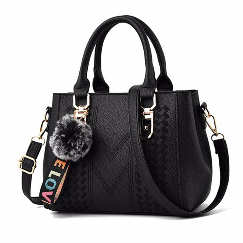 👜 Embroidery Messenger Bags Women Leather Handbags - حقيبة كتف نسائية مطرزة جلدية مع كُرة زينة أنيقة