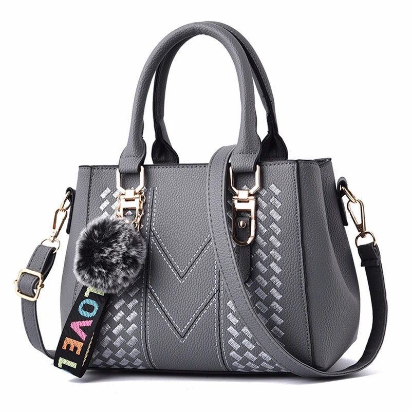 👜 Embroidery Messenger Bags Women Leather Handbags - حقيبة كتف نسائية مطرزة جلدية مع كُرة زينة أنيقة