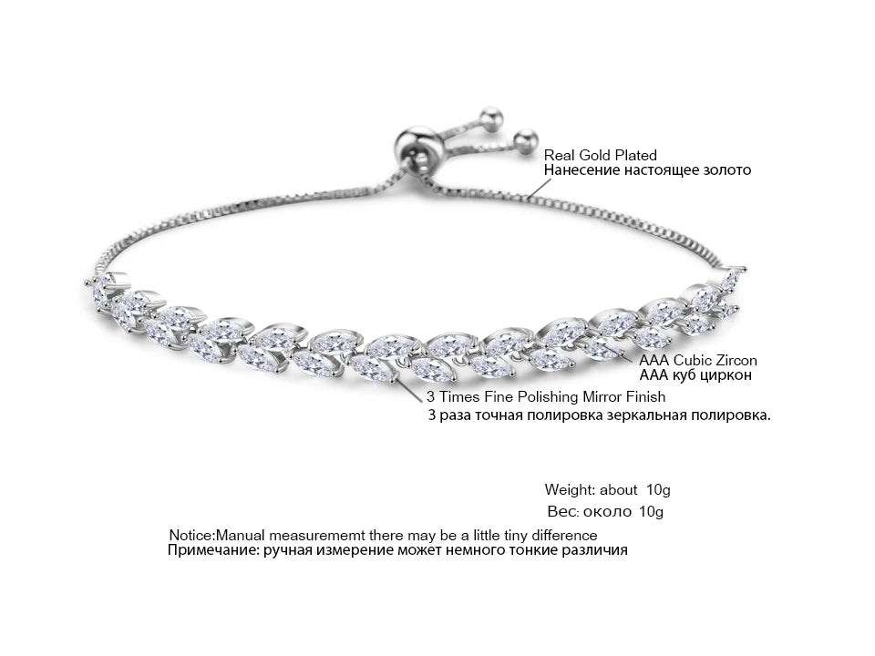 ZAKOL Trendy Cubic Zirconia Leaf Bridal Bracelets Bangle for Women White Color Crystal Adjustable Bracelet Wedding Jewelry