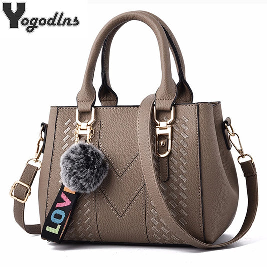 👜 Embroidery Messenger Bags Women Leather Handbags - حقيبة كتف نسائية مطرزة جلدية مع كُرة زينة أنيقة