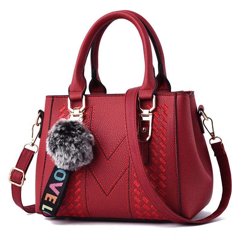 👜 Embroidery Messenger Bags Women Leather Handbags - حقيبة كتف نسائية مطرزة جلدية مع كُرة زينة أنيقة